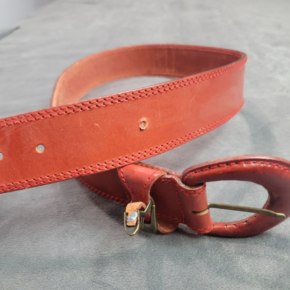Vintage Red Leather Belt Wide Contrast Stitch Brass Buckle 36 Inch L6754
